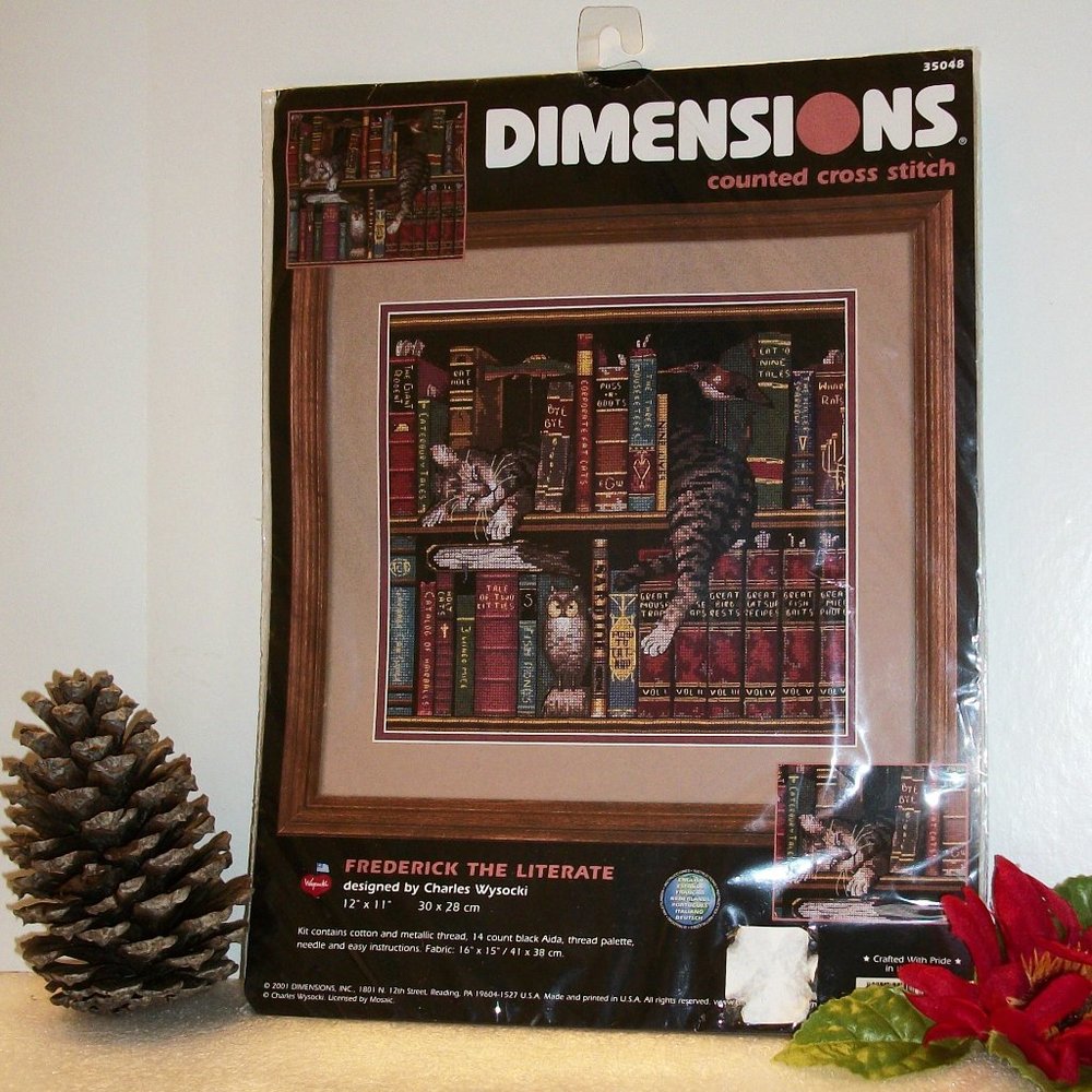 Dimensions Frederick the Literate Cross Stitch Kit #35048 NIP Cat in Library